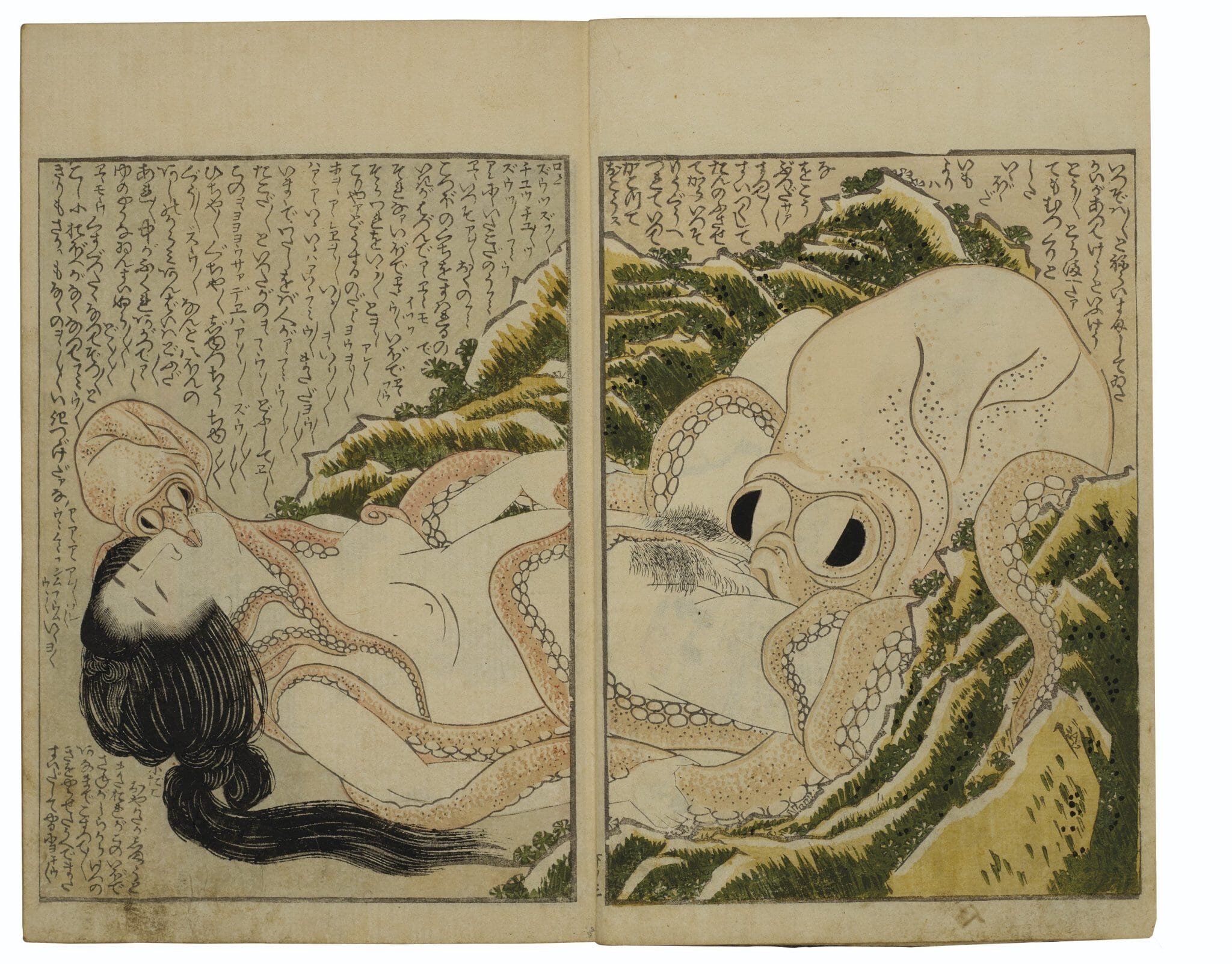 Erotic print by Hokusai depicting a woman and two octopuses