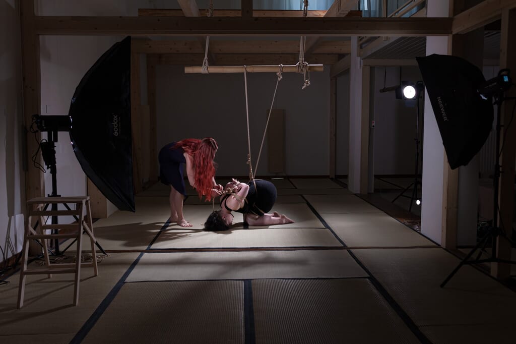 Vista ampia della stanza mentre Tenshiko assiste Elettris sul tatami dopo la sospensione